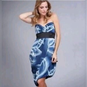 NWT. BCBG. Strapless Silk Tulip Dress. Blue Ink Combo. Size 0.